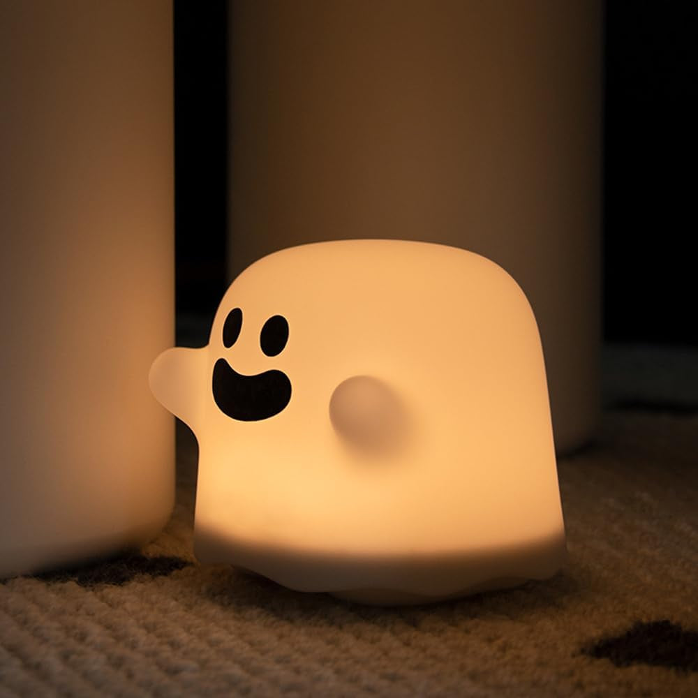 Ghost Night Light, Cute White Night Lamp for Kids Bedroom USB Rechargeable Lamps Adjustable Brightness, Bedside Delay-Off Nightlight for Women Birthday Gift Halloween Christmas