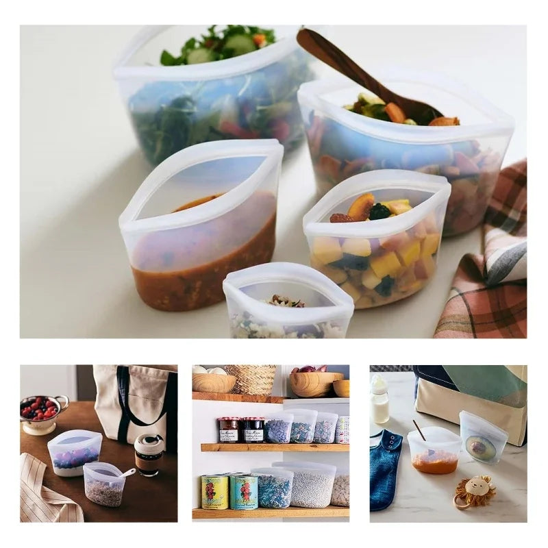 Reusable Silicone Food Storage Bag Fresh-Keeping Sealed Food Bag Ziplock Bags Fridge Storage Food Cover Leakproof Plastic Bags