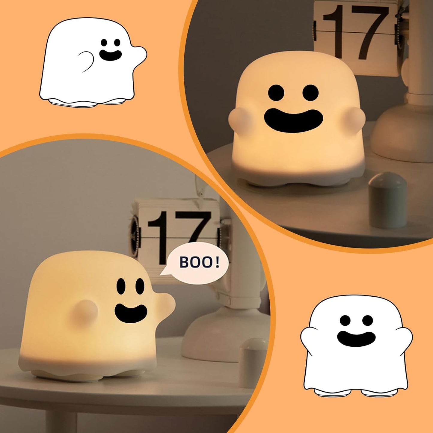Ghost Night Light, Cute White Night Lamp for Kids Bedroom USB Rechargeable Lamps Adjustable Brightness, Bedside Delay-Off Nightlight for Women Birthday Gift Halloween Christmas
