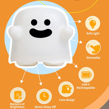 Ghost Night Light, Cute White Night Lamp for Kids Bedroom USB Rechargeable Lamps Adjustable Brightness, Bedside Delay-Off Nightlight for Women Birthday Gift Halloween Christmas
