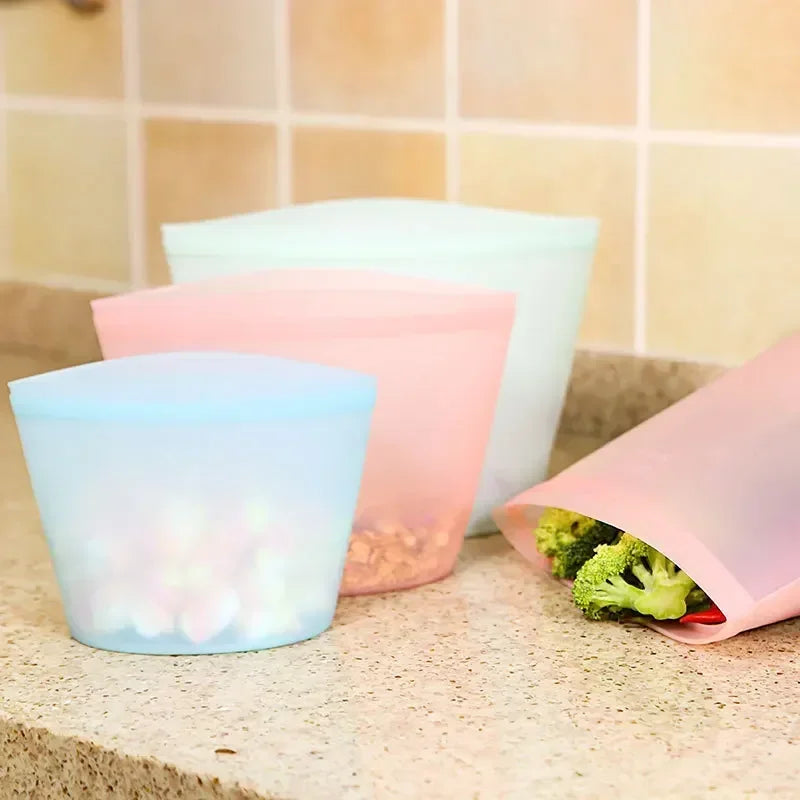 Reusable Silicone Food Storage Bag Fresh-Keeping Sealed Food Bag Ziplock Bags Fridge Storage Food Cover Leakproof Plastic Bags