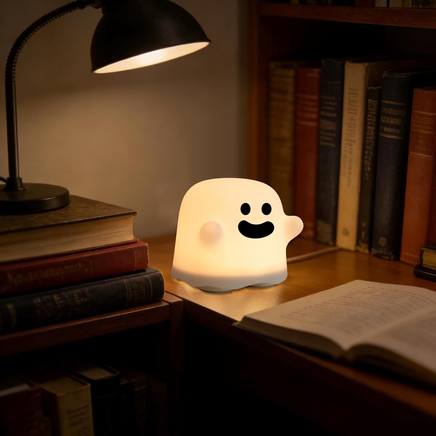 Ghost Night Light, Cute White Night Lamp for Kids Bedroom USB Rechargeable Lamps Adjustable Brightness, Bedside Delay-Off Nightlight for Women Birthday Gift Halloween Christmas