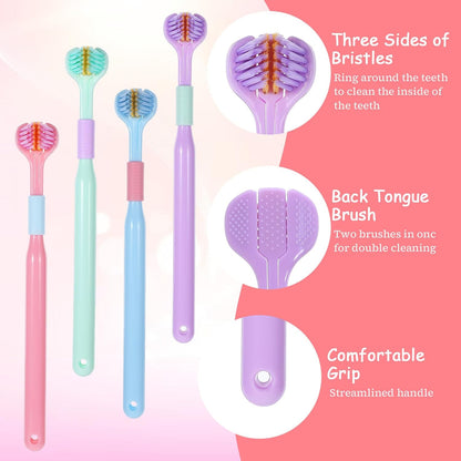4Pcs 3 Sided Toothbrush Adult, Deeply and Thoroughly to Clean Teeth and Gums Colorful Soft Bristle Three Sided Toothbrush Set for Adults Teeth Gum Care