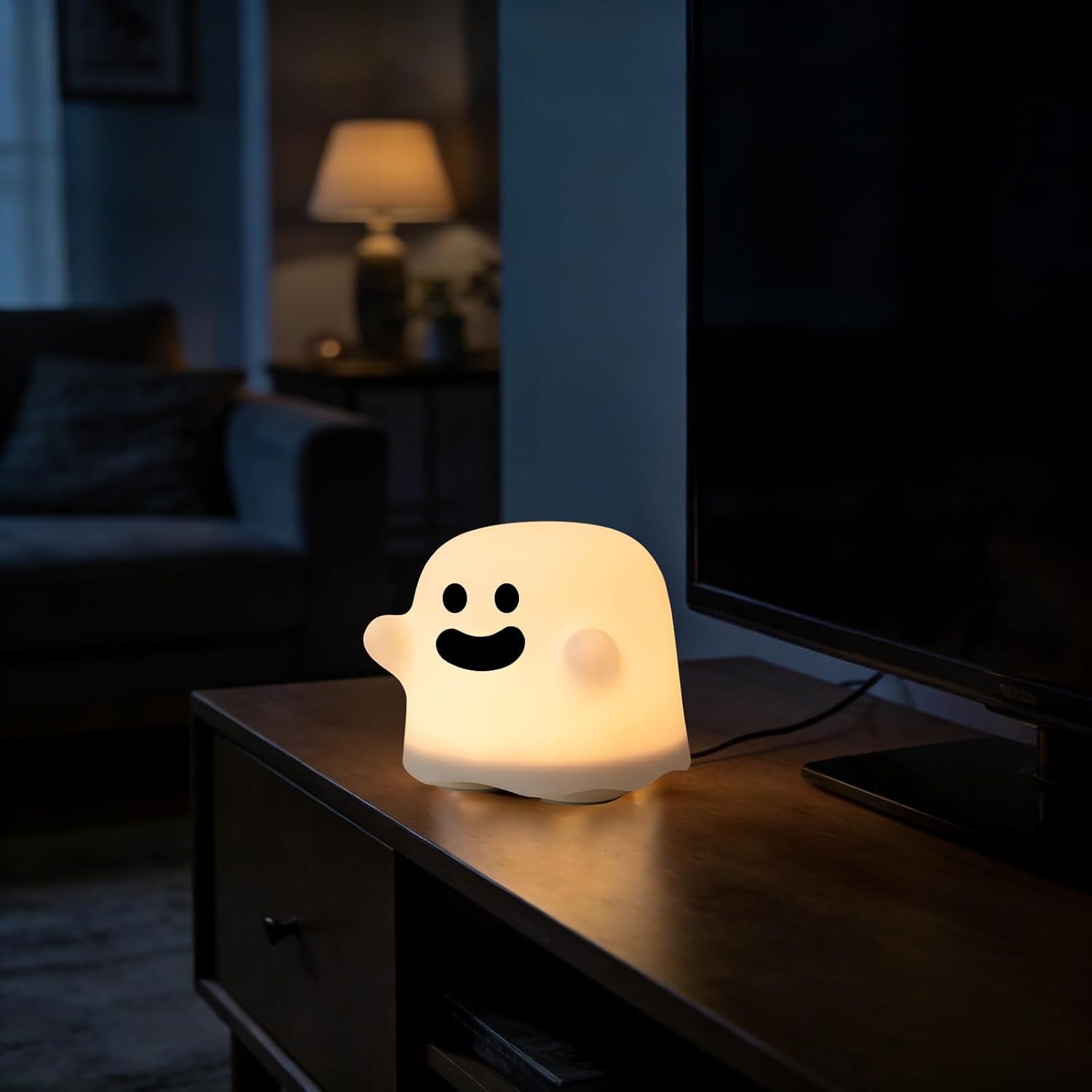 Ghost Night Light, Cute White Night Lamp for Kids Bedroom USB Rechargeable Lamps Adjustable Brightness, Bedside Delay-Off Nightlight for Women Birthday Gift Halloween Christmas